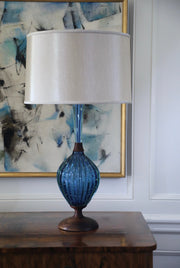 Murano Glass Lamp, Brilliant Blue Glass with Dark Wood Accents (1970s)