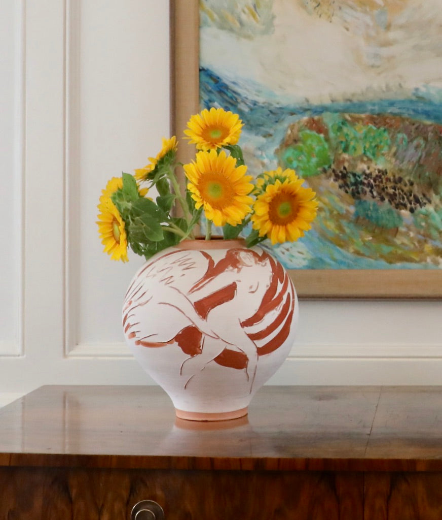 Reuben Nakian and James Burt, Incised White Terracotta Vase Depicting Leda and the Swan (1984)