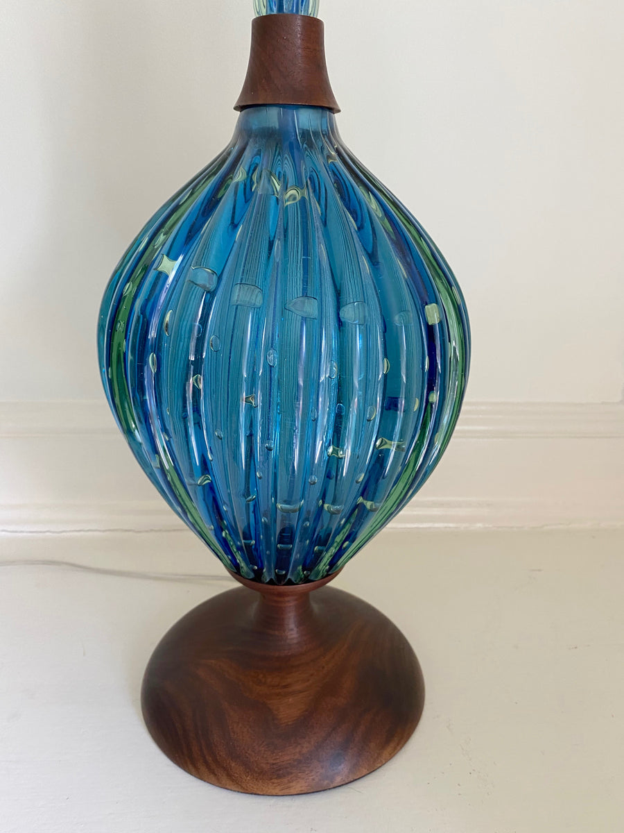 Murano Glass Lamp, Brilliant Blue Glass with Dark Wood Accents (1970s)