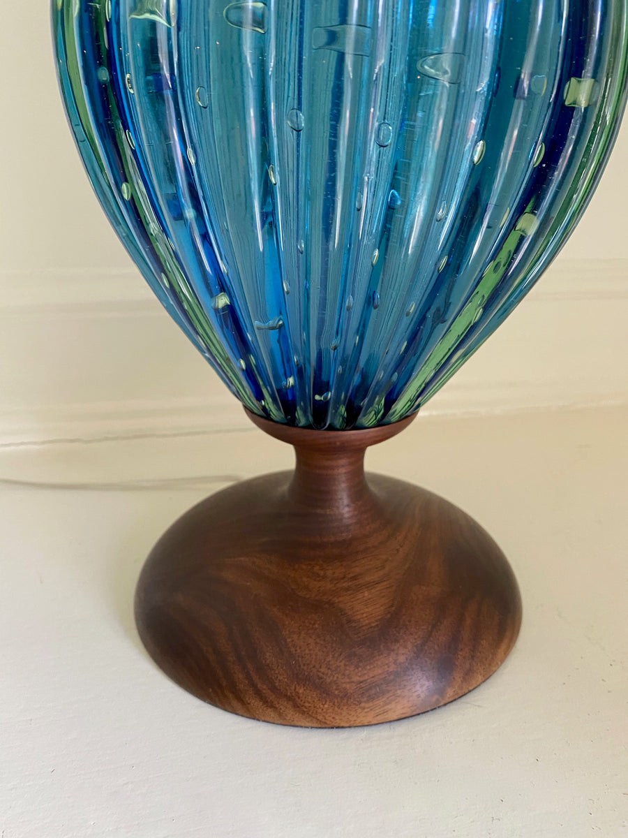 Murano Glass Lamp, Brilliant Blue Glass with Dark Wood Accents (1970s)