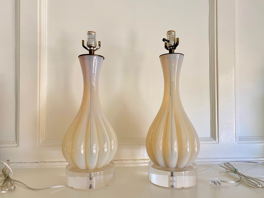 Pair Murano Glass Lamps, Lobed Opalescent Glass (mid century)