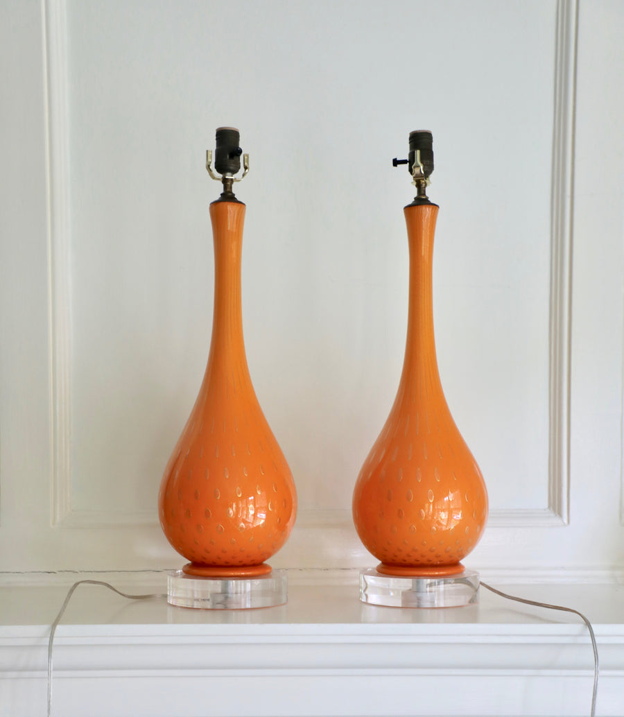 Pair Murano Glass Lamps, Orange with Aventurine (mid century)