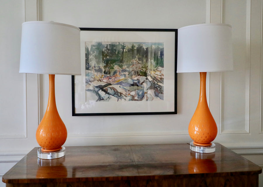 Pair Murano Glass Lamps, Orange with Aventurine (mid century)