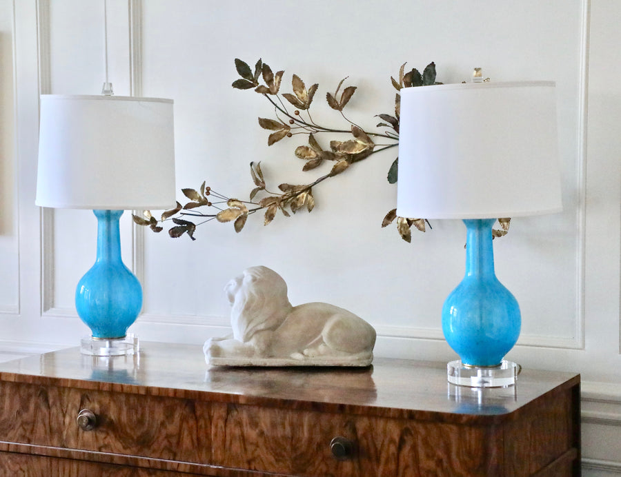 Pair of Hand Blown Blue Glass Lamps (mid century)