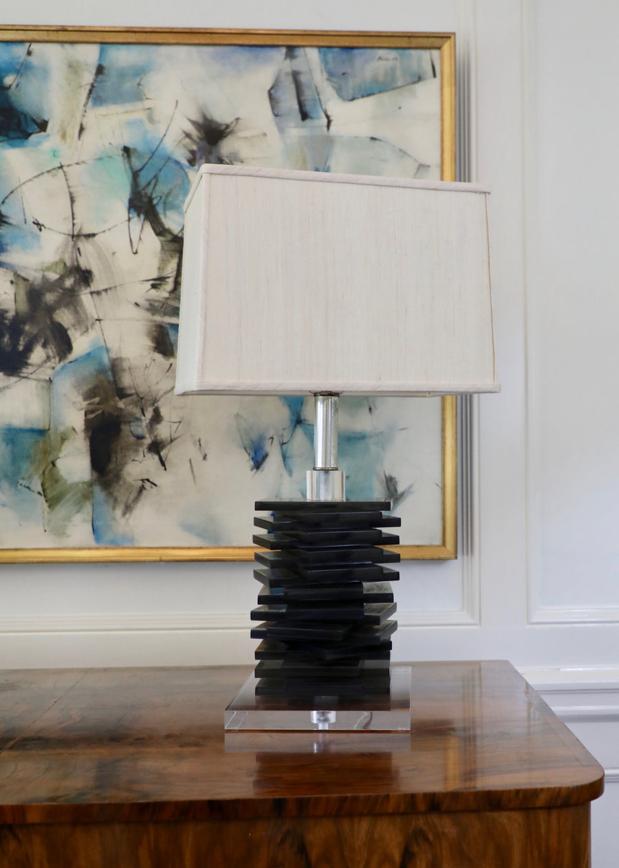 French Art Deco-Style Stacked Smoked Lucite Table Lamp (c. 1970)