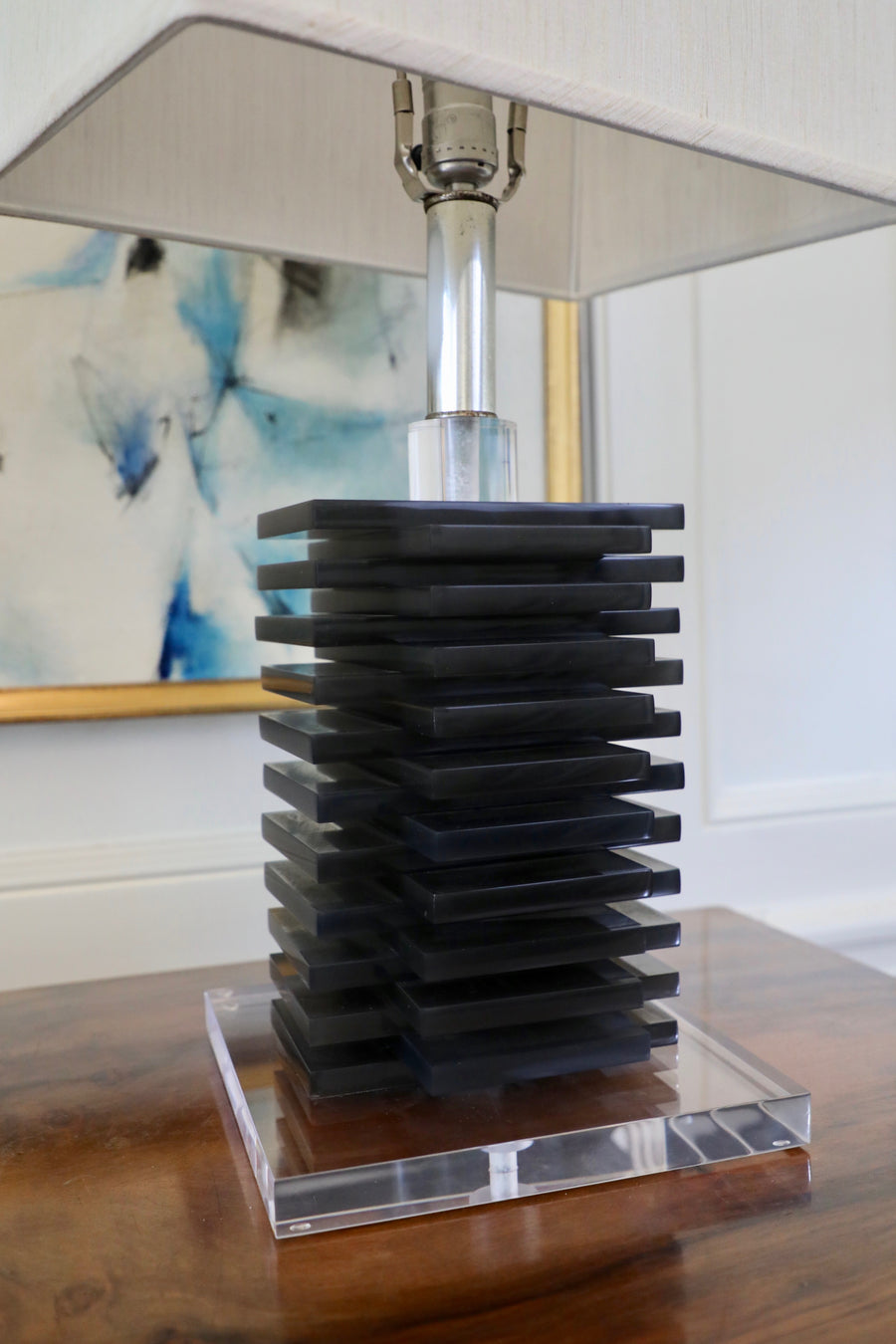 French Art Deco-Style Stacked Smoked Lucite Table Lamp (c. 1970)