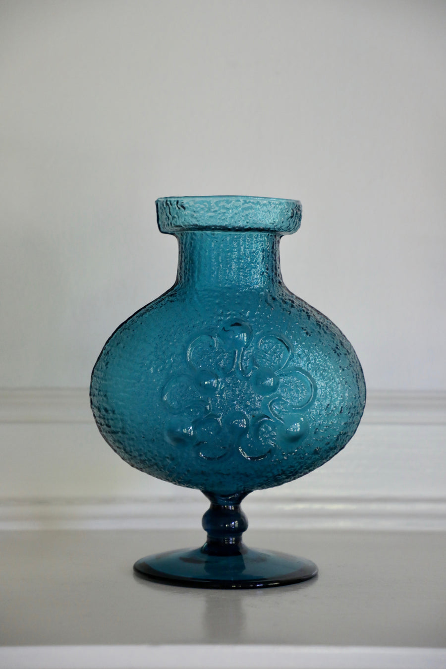 Wayne Husted for Stelvia Blue Glass Vase with Raised Flower Design (1970s)