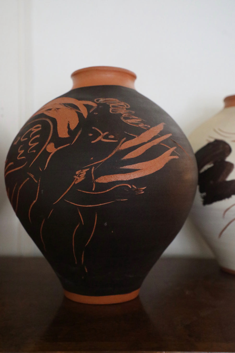 Reuben Nakian and James Burt, Incised Black Terracotta Vase Depicting Leda and the Swan (1982)