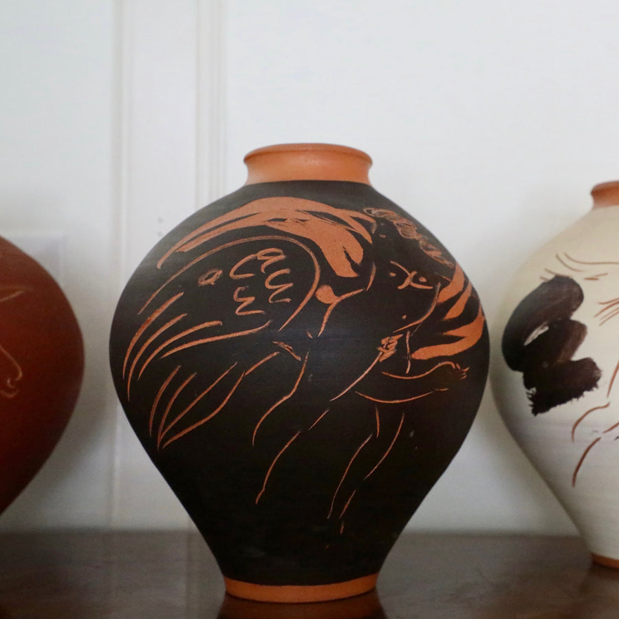 Reuben Nakian and James Burt, Incised Black Terracotta Vase Depicting Leda and the Swan (1982)